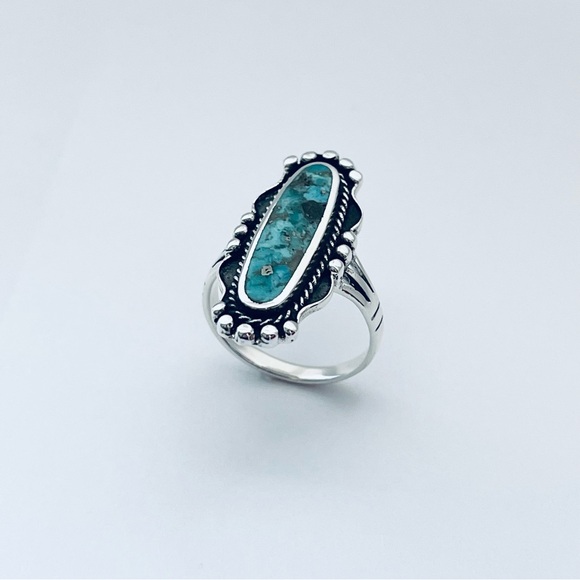 Sterling Silver Long Oval Genuine Turquoise Ring, Boho Ring, Silver Rings - Picture 7 of 12